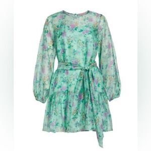 LDT Floral Print Crew Neck Long Sleeved Ruffle Hem Dress